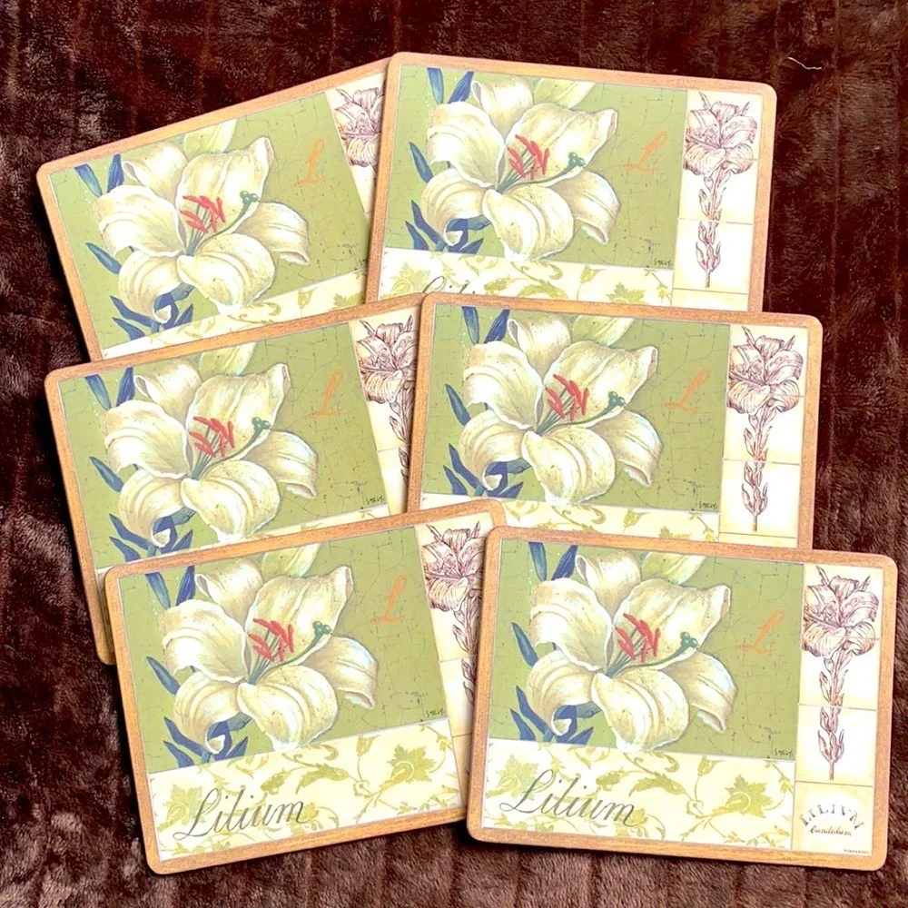 Pimpernel Lilium Candidum Placemats Set of 6‎ Green Cream Floral Excellent Cork